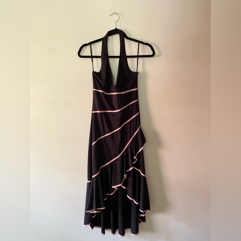 Vintage 1990s Finesse Black & Pink Ruffle Asymmetrical Halter Neck Party Dress M